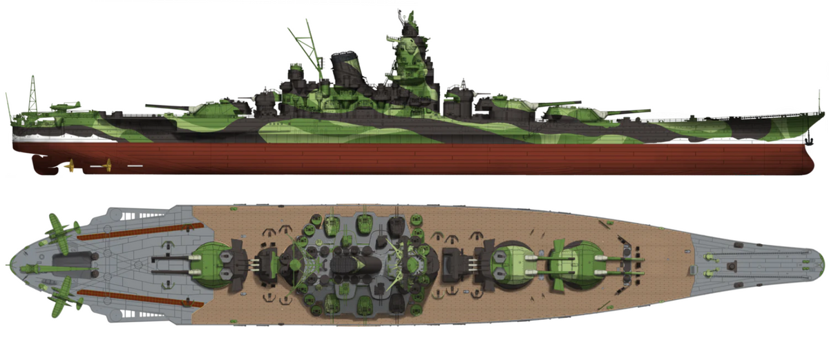 A top-down and side profile view of a military battleship with a green camouflage pattern and a reddish-brown hull, shown on a plain white background.