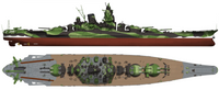 A top-down and side profile view of a military battleship with a green camouflage pattern and a reddish-brown hull, shown on a plain white background.