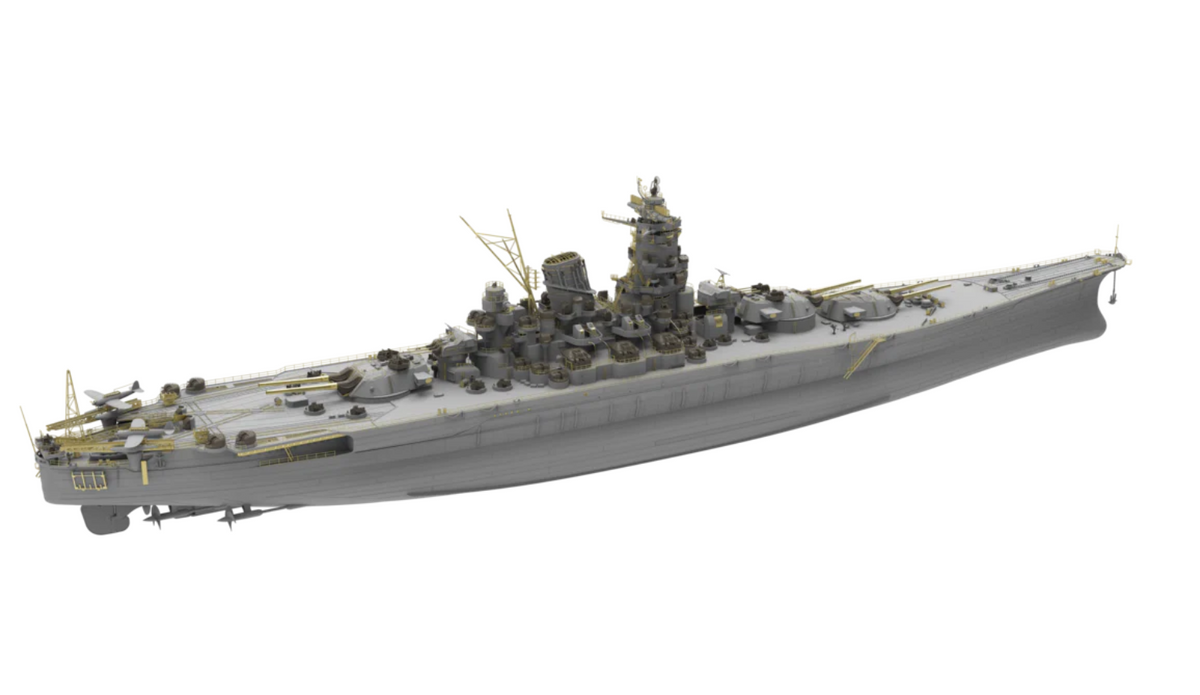 A detailed gray model of a Japanese battleship, shown from a side profile view against a solid white background.
