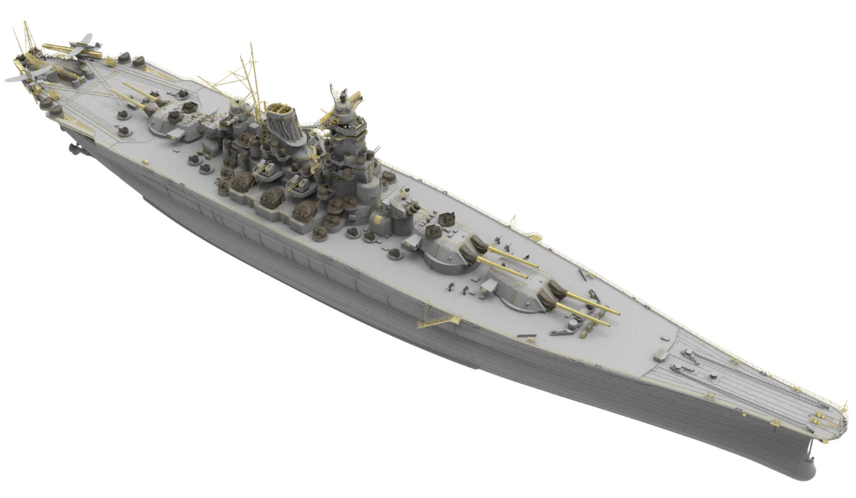 A detailed miniature model of a gray battleship, shown from an elevated perspective against a solid white background.