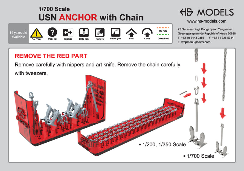 Photo of WWII US Navy 1:700 scale anchors and printed chain by HS Model for cruiser models