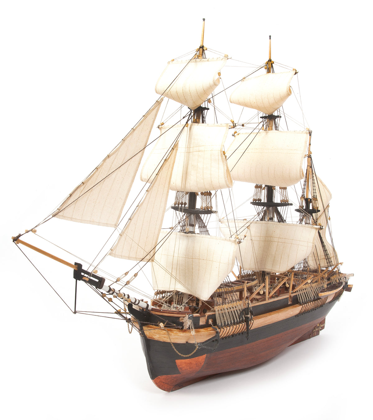 Photo of OcCre HMS Erebus wooden model ship 1:75 scale from Franklin Expedition with sails and display base