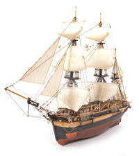 Photo of OcCre HMS Erebus wooden model ship 1:75 scale from Franklin Expedition with sails and display base