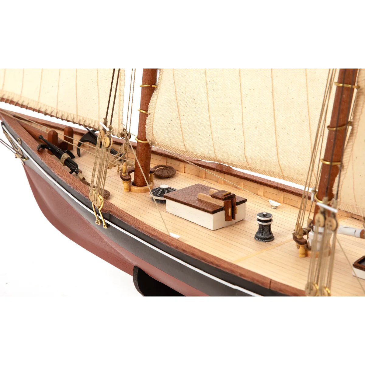 Photo of America 1851 yacht model kit 1:75 scale by OcCre showing detailed wooden hull and rigging