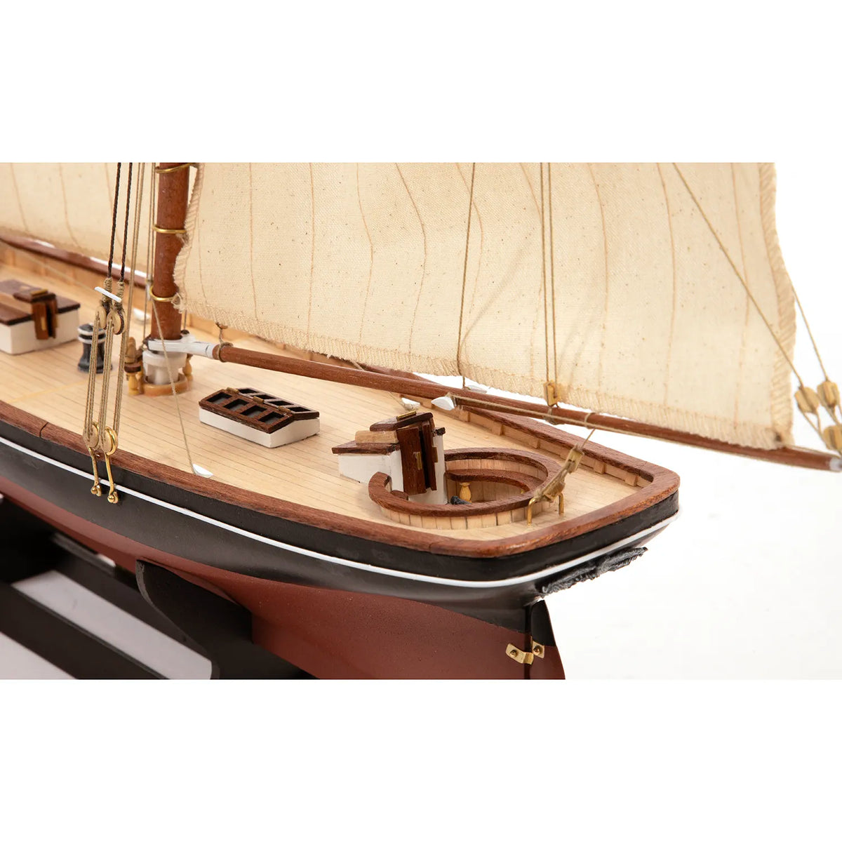Photo of America 1851 yacht model kit 1:75 scale by OcCre showing detailed wooden hull and rigging