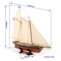 Photo of America 1851 yacht model kit 1:75 scale by OcCre showing detailed wooden hull and rigging