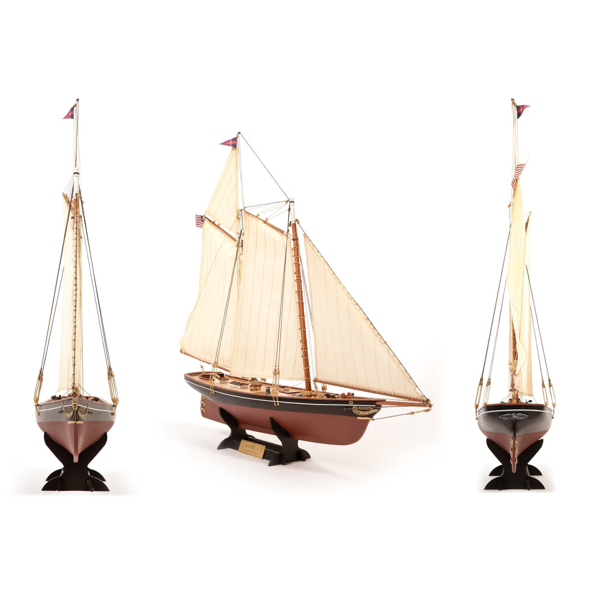 Photo of America 1851 yacht model kit 1:75 scale by OcCre showing detailed wooden hull and rigging