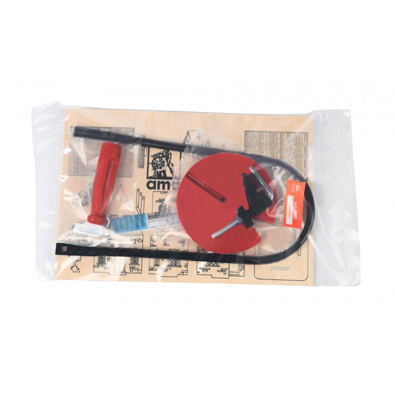 Photo of Amati Basic Jig Saw Set No.7001 wood fretwork starter kit for beginners, including saw, blades, bench, clamp, and plywood model.