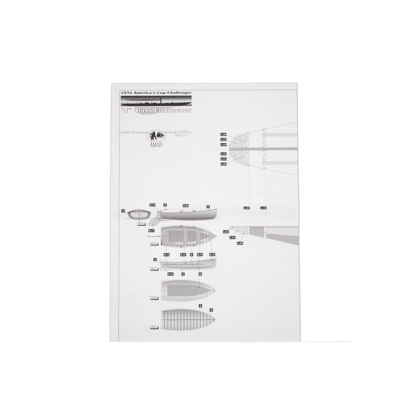 Photo of Amati Endeavour Construction Plans 1:35 Scale B1200,82 showing detailed yacht blueprints of the Schooner Endeavour