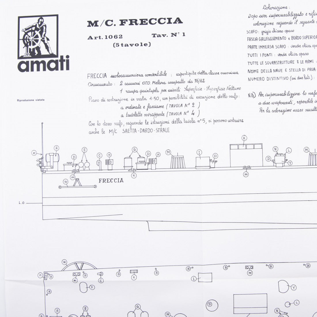 Photo of Amati Freccia Motor Gun Boat model plans B1062, scale 1:50, showing detailed ship blueprints and layout drawings.