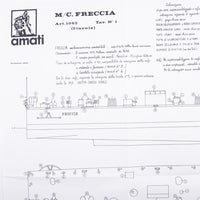 Photo of Amati Freccia Motor Gun Boat model plans B1062, scale 1:50, showing detailed ship blueprints and layout drawings.