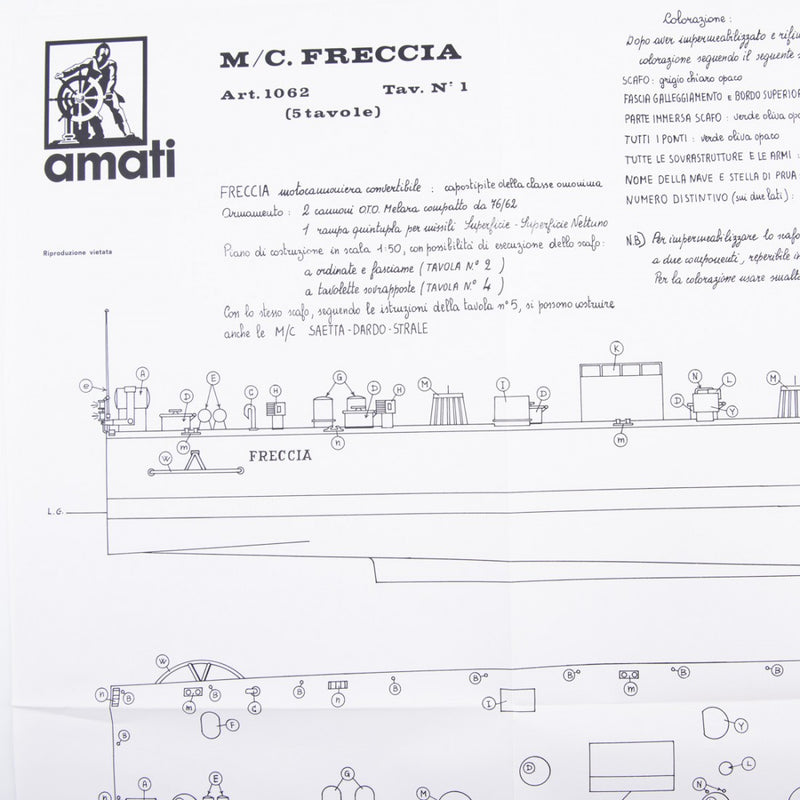 Photo of Amati Freccia Motor Gun Boat model plans B1062, scale 1:50, showing detailed ship blueprints and layout drawings.