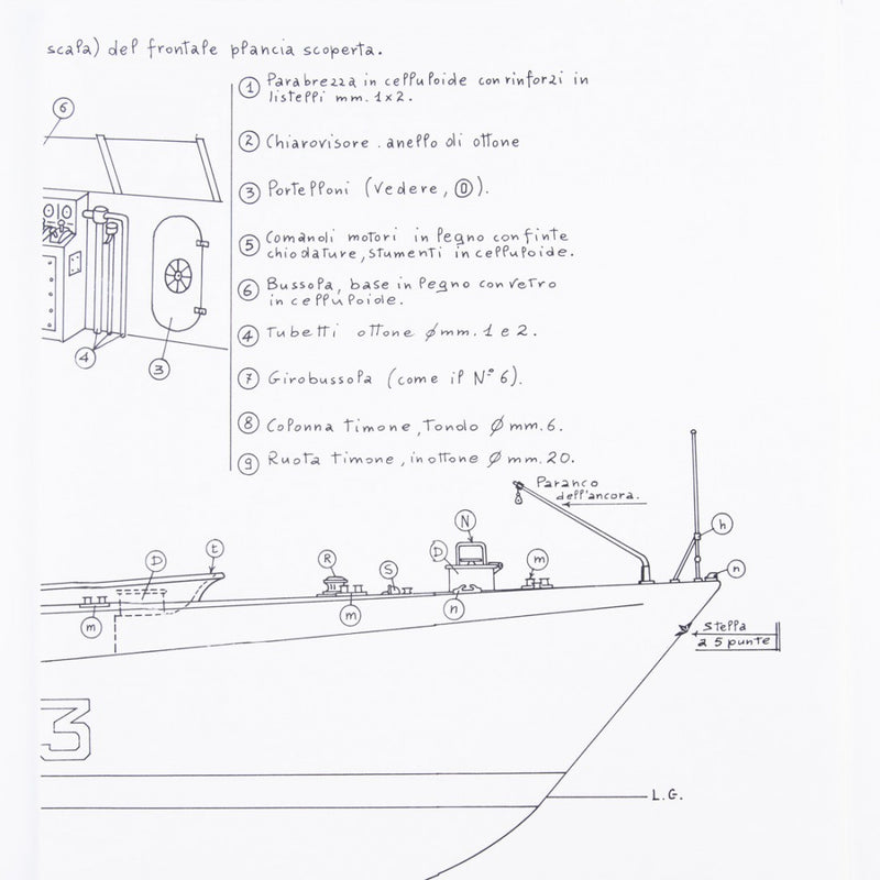 Photo of Amati Freccia Motor Gun Boat model plans B1062, scale 1:50, showing detailed ship blueprints and layout drawings.
