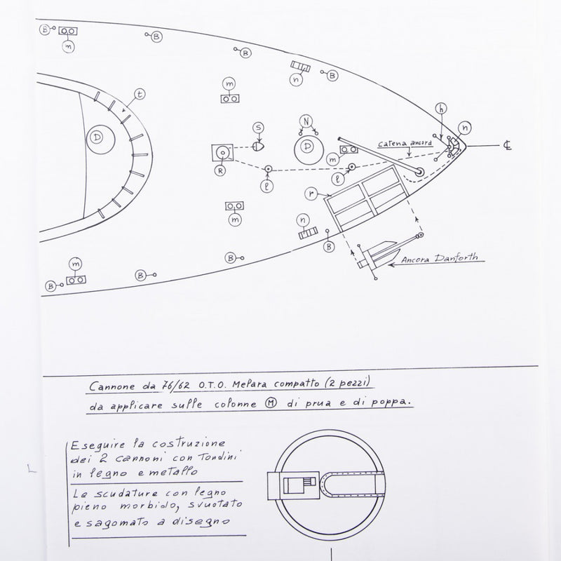 Photo of Amati Freccia Motor Gun Boat model plans B1062, scale 1:50, showing detailed ship blueprints and layout drawings.