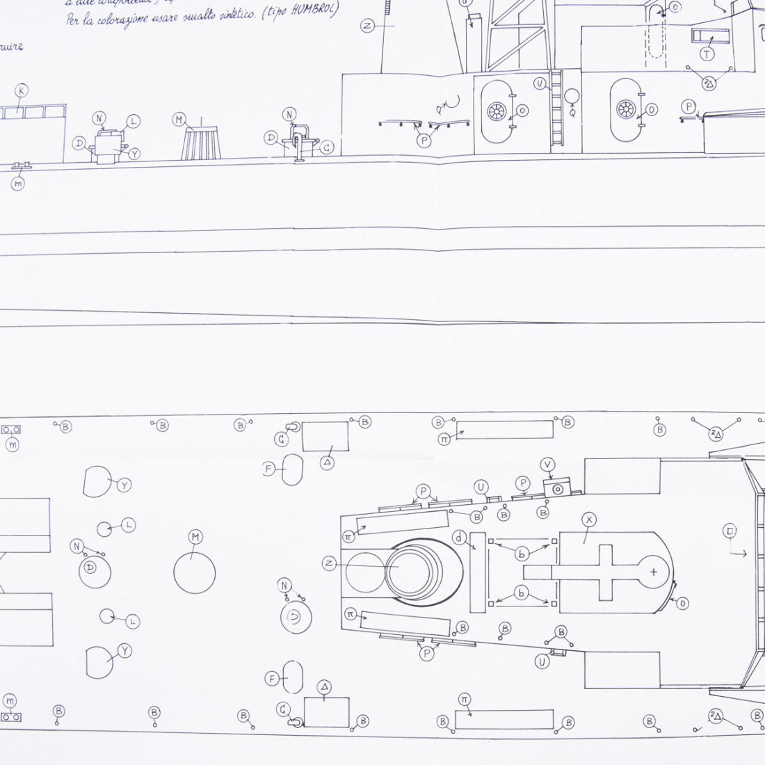 Photo of Amati Freccia Motor Gun Boat model plans B1062, scale 1:50, showing detailed ship blueprints and layout drawings.