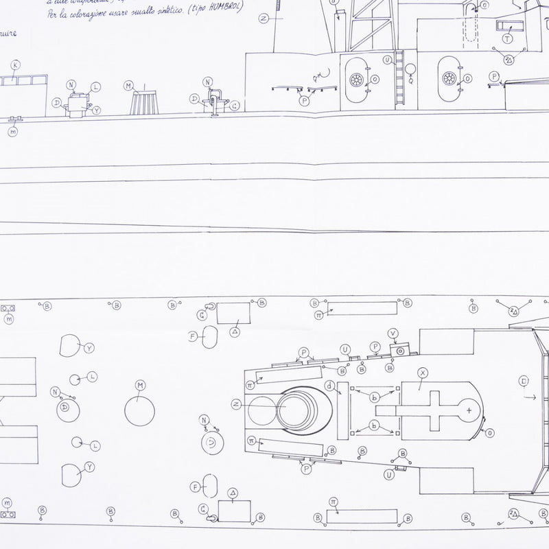 Photo of Amati Freccia Motor Gun Boat model plans B1062, scale 1:50, showing detailed ship blueprints and layout drawings.