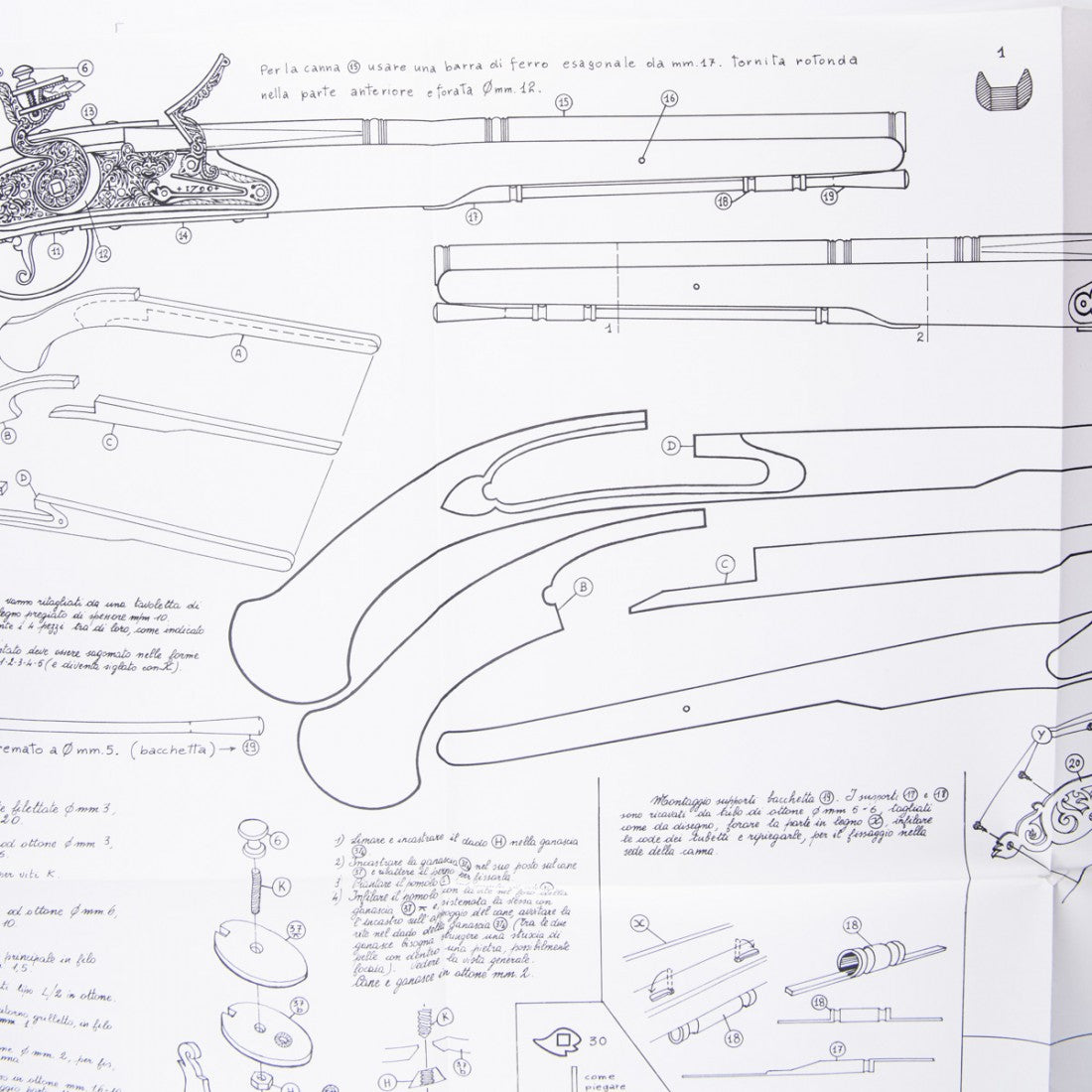 Photo of Amati B1211 Gun Rests Plan showing detailed 18th-century Italian pistol design for model ship building.