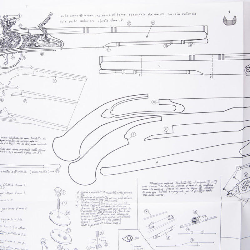 Photo of Amati B1211 Gun Rests Plan showing detailed 18th-century Italian pistol design for model ship building.