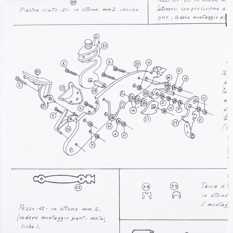 Photo of Amati B1211 Gun Rests Plan showing detailed 18th-century Italian pistol design for model ship building.