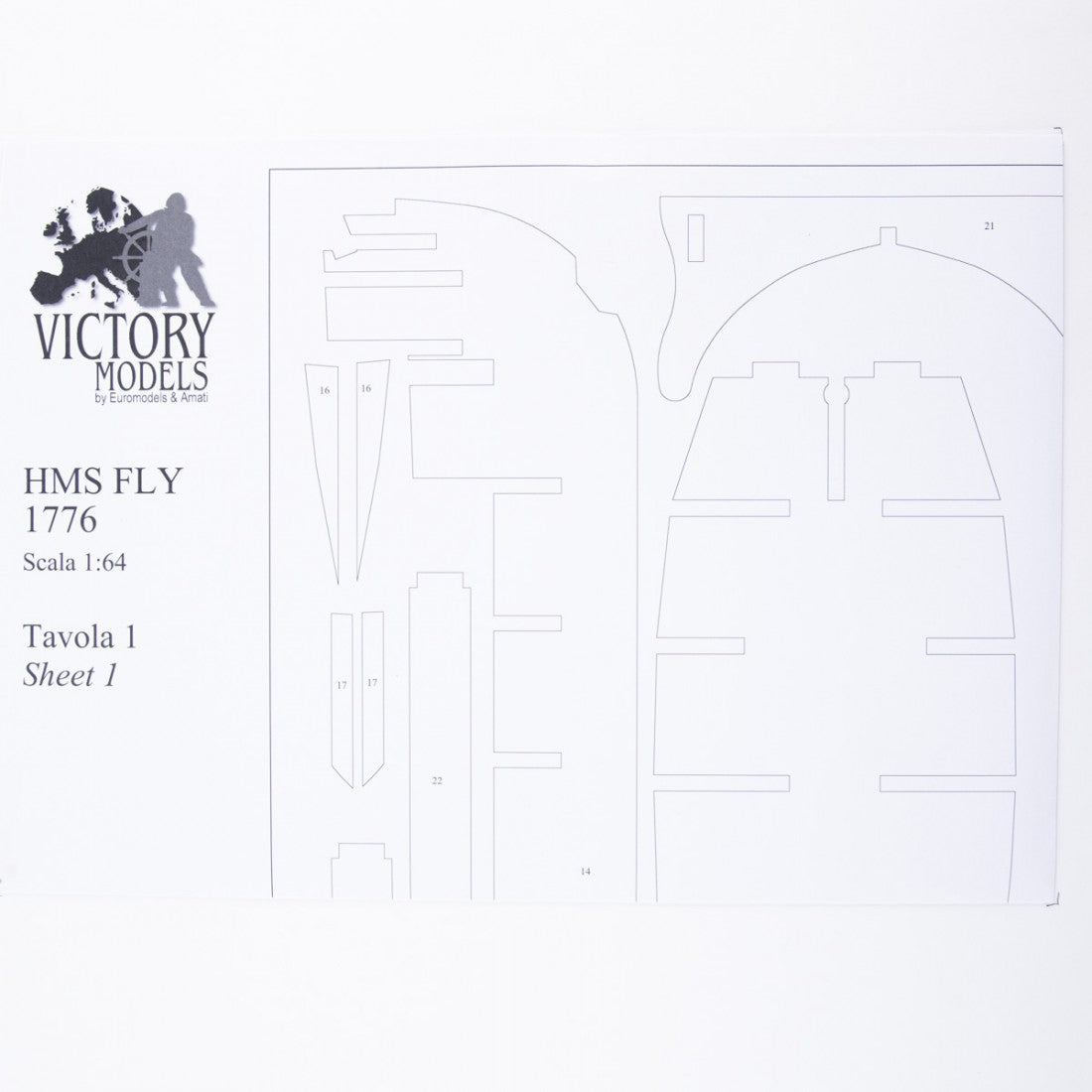 Photo of H.M.S. Fly 1776 construction plans from Amati B1100,03 showing detailed ship model drawings of the Swan Class sloop