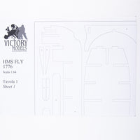 Photo of H.M.S. Fly 1776 construction plans from Amati B1100,03 showing detailed ship model drawings of the Swan Class sloop