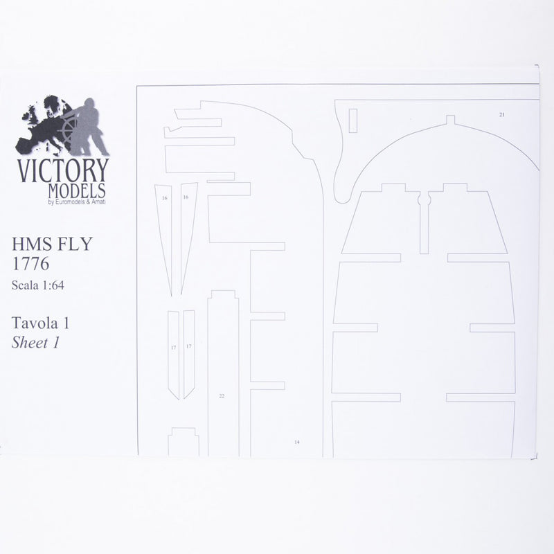 Photo of H.M.S. Fly 1776 construction plans from Amati B1100,03 showing detailed ship model drawings of the Swan Class sloop