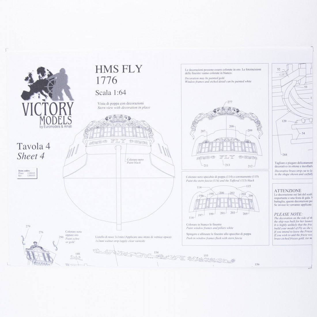 Photo of H.M.S. Fly 1776 construction plans from Amati B1100,03 showing detailed ship model drawings of the Swan Class sloop