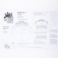 Photo of H.M.S. Fly 1776 construction plans from Amati B1100,03 showing detailed ship model drawings of the Swan Class sloop