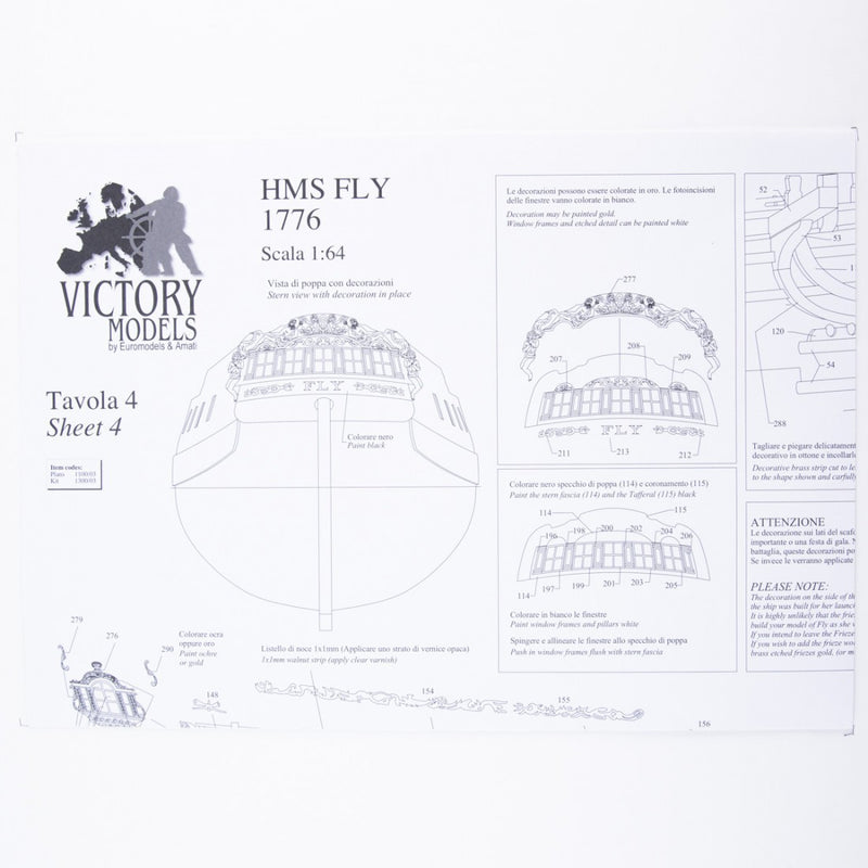 Photo of H.M.S. Fly 1776 construction plans from Amati B1100,03 showing detailed ship model drawings of the Swan Class sloop