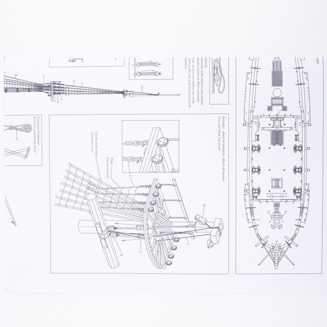 Photo of H.M.S. Fly 1776 construction plans from Amati B1100,03 showing detailed ship model drawings of the Swan Class sloop