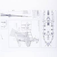 Photo of H.M.S. Fly 1776 construction plans from Amati B1100,03 showing detailed ship model drawings of the Swan Class sloop