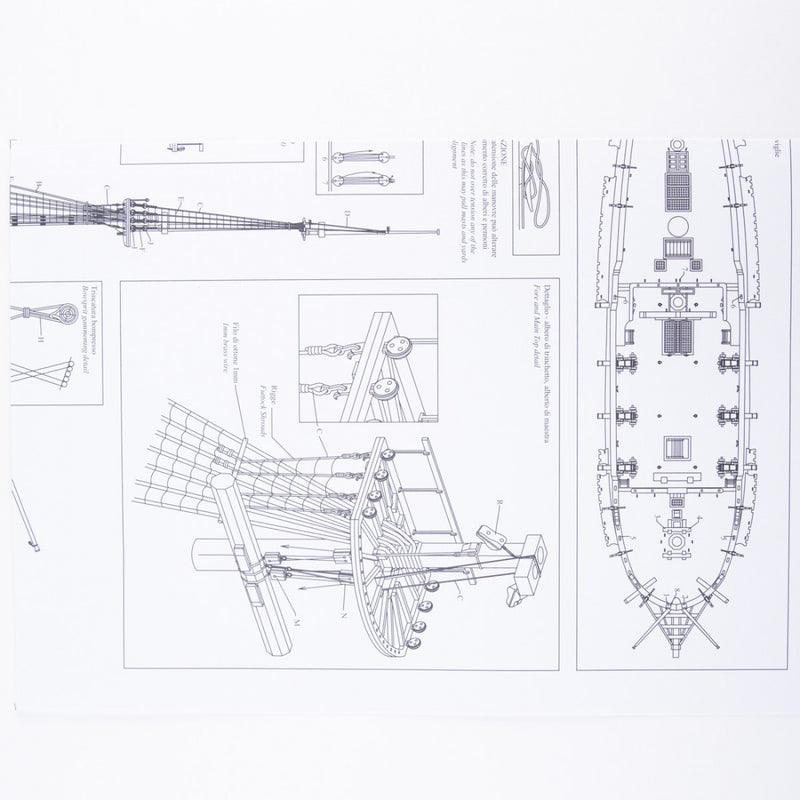 Photo of H.M.S. Fly 1776 construction plans from Amati B1100,03 showing detailed ship model drawings of the Swan Class sloop