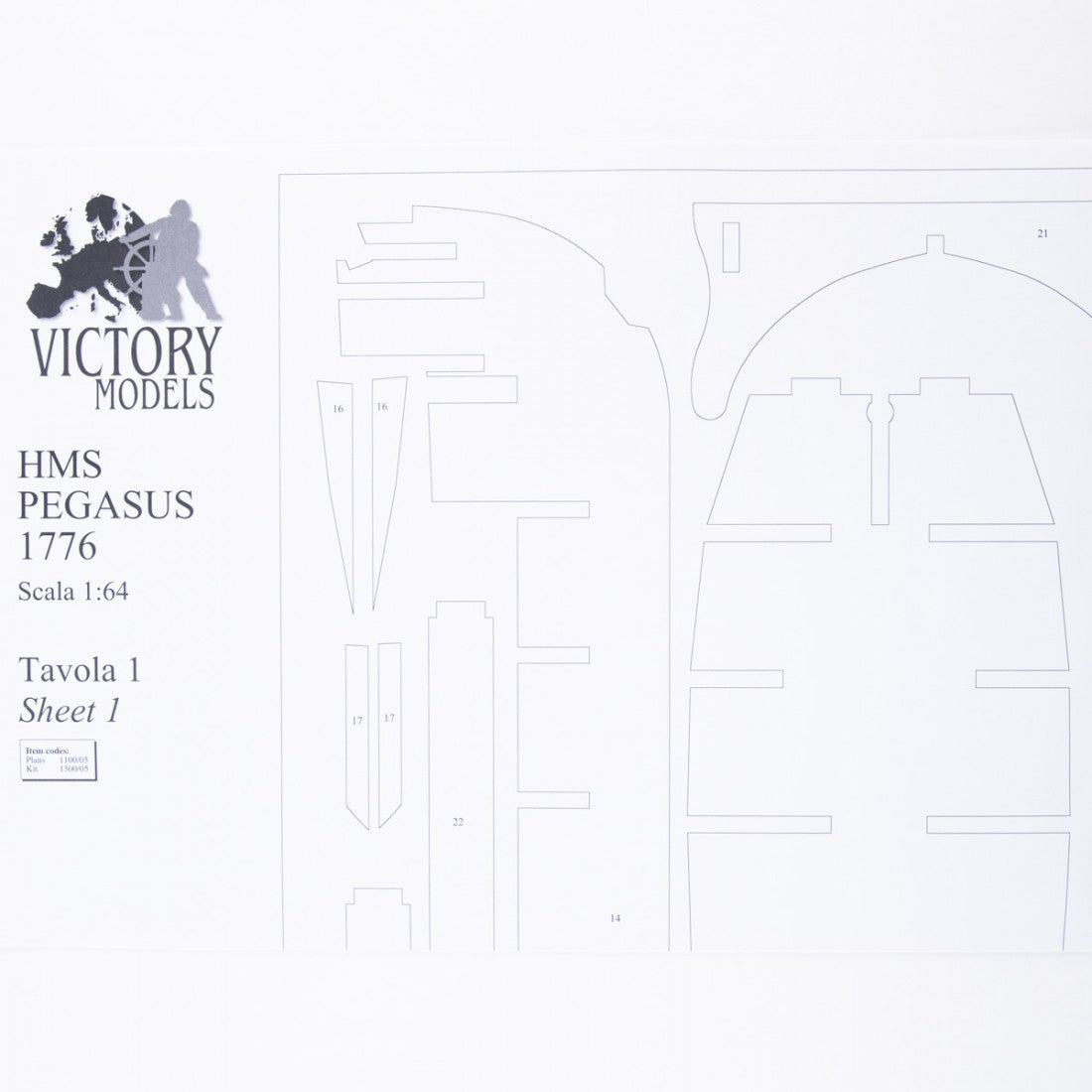 Photo of H.M.S. Pegasus 1776 construction plans by Amati in 1:64 scale, showing detailed ship drawings and rigging diagrams.