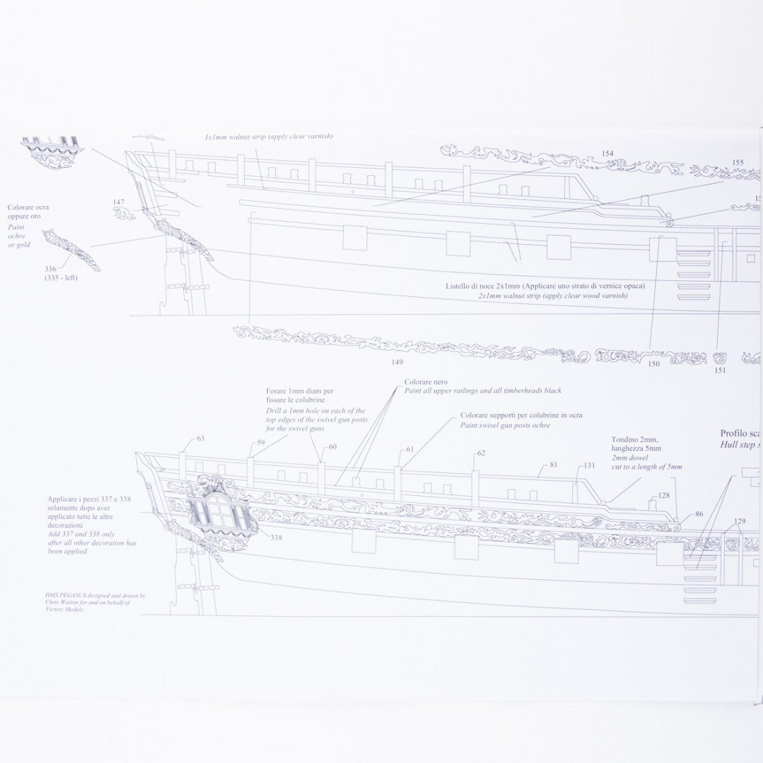 Photo of H.M.S. Pegasus 1776 construction plans by Amati in 1:64 scale, showing detailed ship drawings and rigging diagrams.