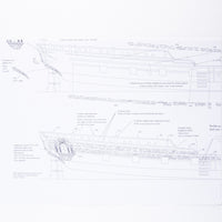 Photo of H.M.S. Pegasus 1776 construction plans by Amati in 1:64 scale, showing detailed ship drawings and rigging diagrams.
