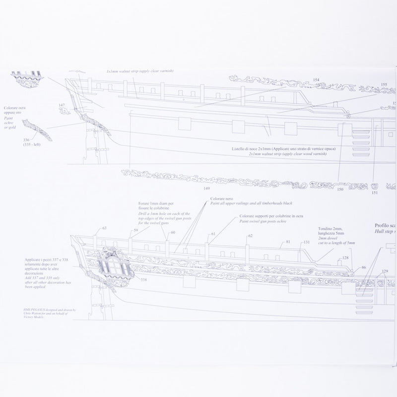 Photo of H.M.S. Pegasus 1776 construction plans by Amati in 1:64 scale, showing detailed ship drawings and rigging diagrams.
