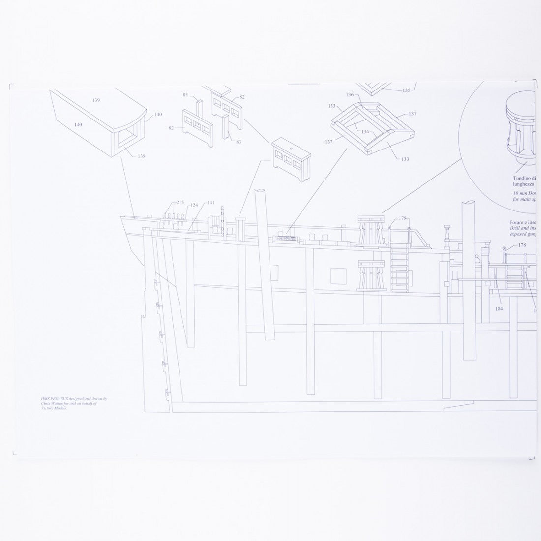 Photo of H.M.S. Pegasus 1776 construction plans by Amati in 1:64 scale, showing detailed ship drawings and rigging diagrams.