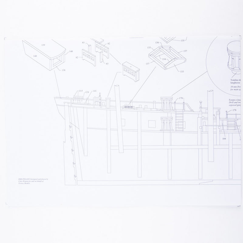 Photo of H.M.S. Pegasus 1776 construction plans by Amati in 1:64 scale, showing detailed ship drawings and rigging diagrams.