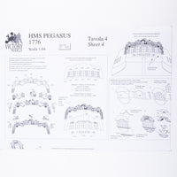 Photo of H.M.S. Pegasus 1776 construction plans by Amati in 1:64 scale, showing detailed ship drawings and rigging diagrams.