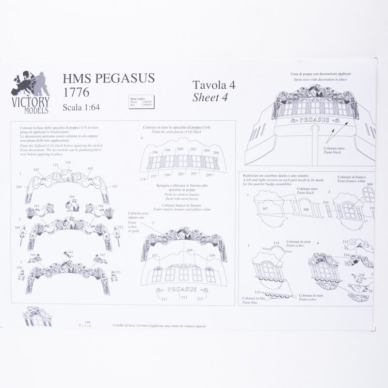 Photo of H.M.S. Pegasus 1776 construction plans by Amati in 1:64 scale, showing detailed ship drawings and rigging diagrams.
