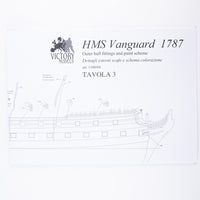 Photo of HMS Vanguard 1787 construction plans by Amati showing detailed ship blueprints and decorative elements for HMS Vanguard, Elephant, and Bellerophon
