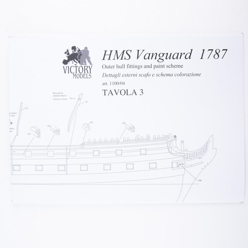 Photo of HMS Vanguard 1787 construction plans by Amati showing detailed ship blueprints and decorative elements for HMS Vanguard, Elephant, and Bellerophon