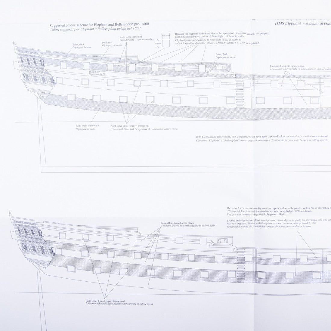 Photo of HMS Vanguard 1787 construction plans by Amati showing detailed ship blueprints and decorative elements for HMS Vanguard, Elephant, and Bellerophon