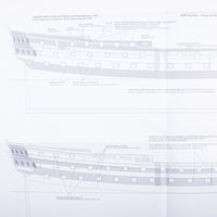 Photo of HMS Vanguard 1787 construction plans by Amati showing detailed ship blueprints and decorative elements for HMS Vanguard, Elephant, and Bellerophon