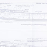 Photo of HMS Vanguard 1787 construction plans by Amati showing detailed ship blueprints and decorative elements for HMS Vanguard, Elephant, and Bellerophon