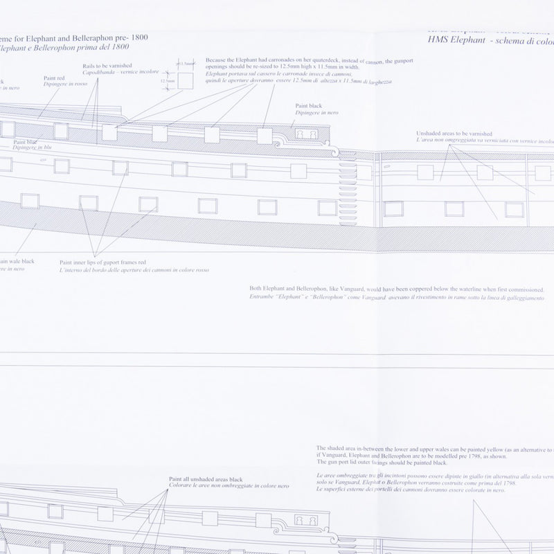 Photo of HMS Vanguard 1787 construction plans by Amati showing detailed ship blueprints and decorative elements for HMS Vanguard, Elephant, and Bellerophon