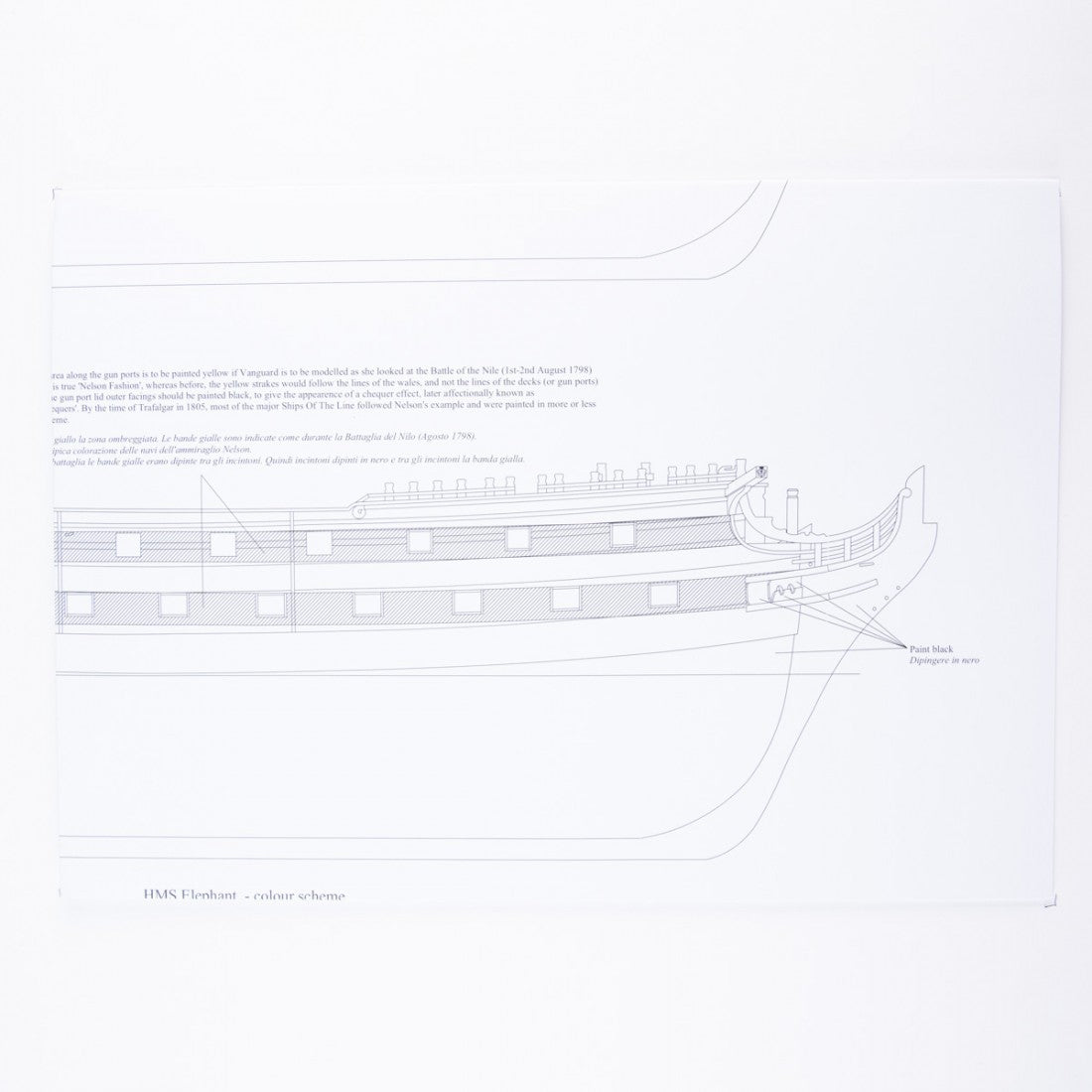 Photo of HMS Vanguard 1787 construction plans by Amati showing detailed ship blueprints and decorative elements for HMS Vanguard, Elephant, and Bellerophon