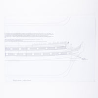 Photo of HMS Vanguard 1787 construction plans by Amati showing detailed ship blueprints and decorative elements for HMS Vanguard, Elephant, and Bellerophon