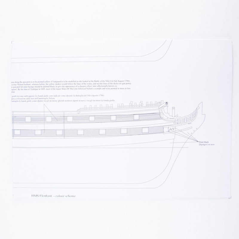 Photo of HMS Vanguard 1787 construction plans by Amati showing detailed ship blueprints and decorative elements for HMS Vanguard, Elephant, and Bellerophon