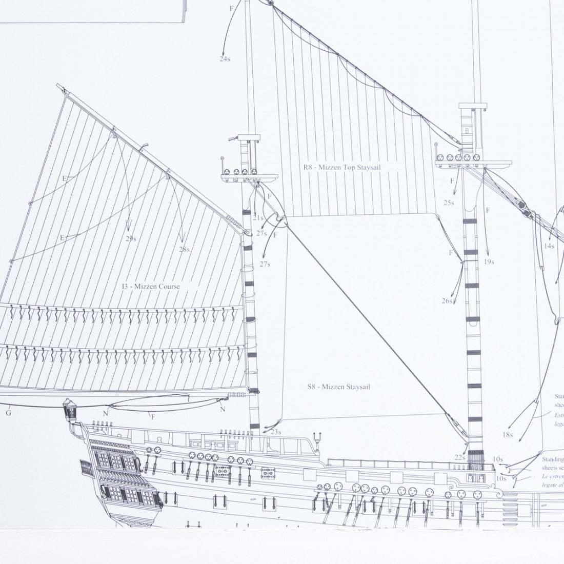 Photo of HMS Vanguard 1787 construction plans by Amati showing detailed ship blueprints and decorative elements for HMS Vanguard, Elephant, and Bellerophon